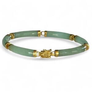 14K Yellow Gold Natural Jadeite Jade Tube Link‎ Bracelet